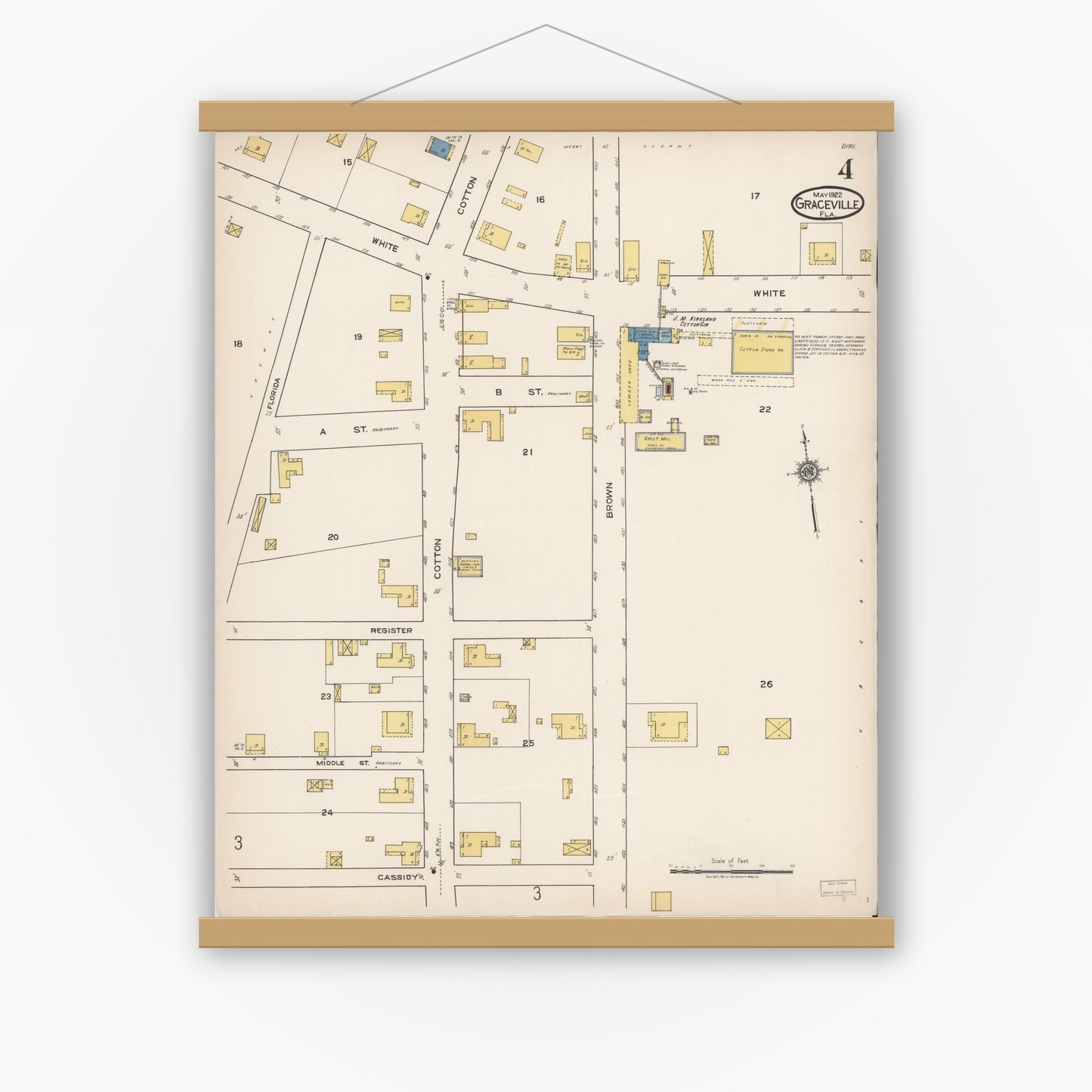 Old map wall art mockup — magnetic wood frame on white wall — Sanborn Fire Insurance Map from Graceville, Jackson County, Florida (1922), Sheet #0004