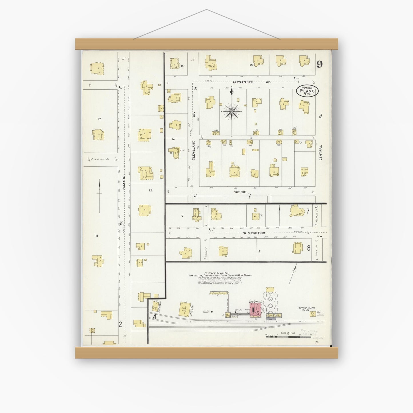 Old map wall art mockup — magnetic wood frame on white wall — Sanborn Fire Insurance Map from Plano, Collin County, Texas (1907), Sheet #0009