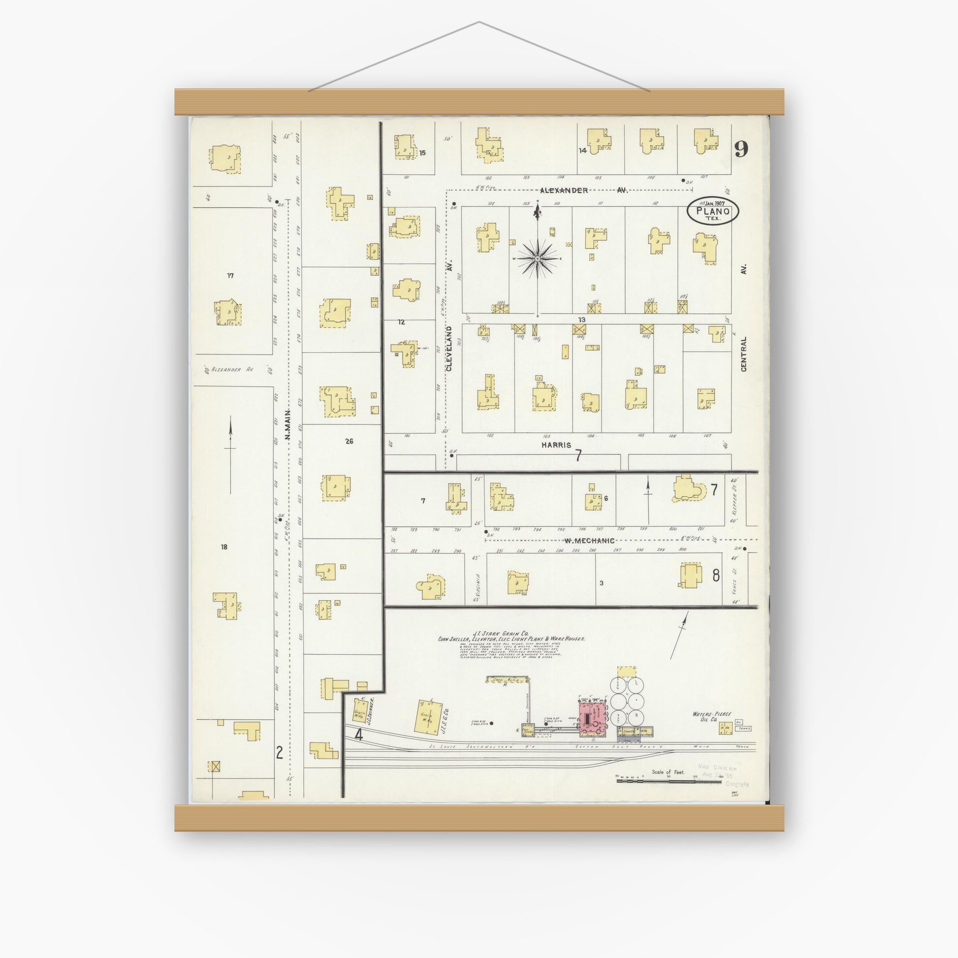 Old map wall art mockup — magnetic wood frame on white wall — Sanborn Fire Insurance Map from Plano, Collin County, Texas (1907), Sheet #0009