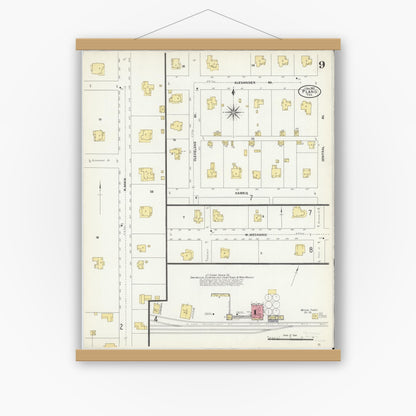 Old map wall art mockup — magnetic wood frame on white wall — Sanborn Fire Insurance Map from Plano, Collin County, Texas (1907), Sheet #0009