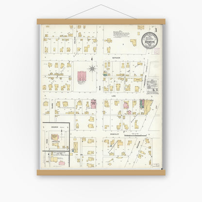 Old map wall art mockup — magnetic wood frame on white wall — Sanborn Fire Insurance Map from Geneva, Adams County, Indiana (1907) - Complete Map Set