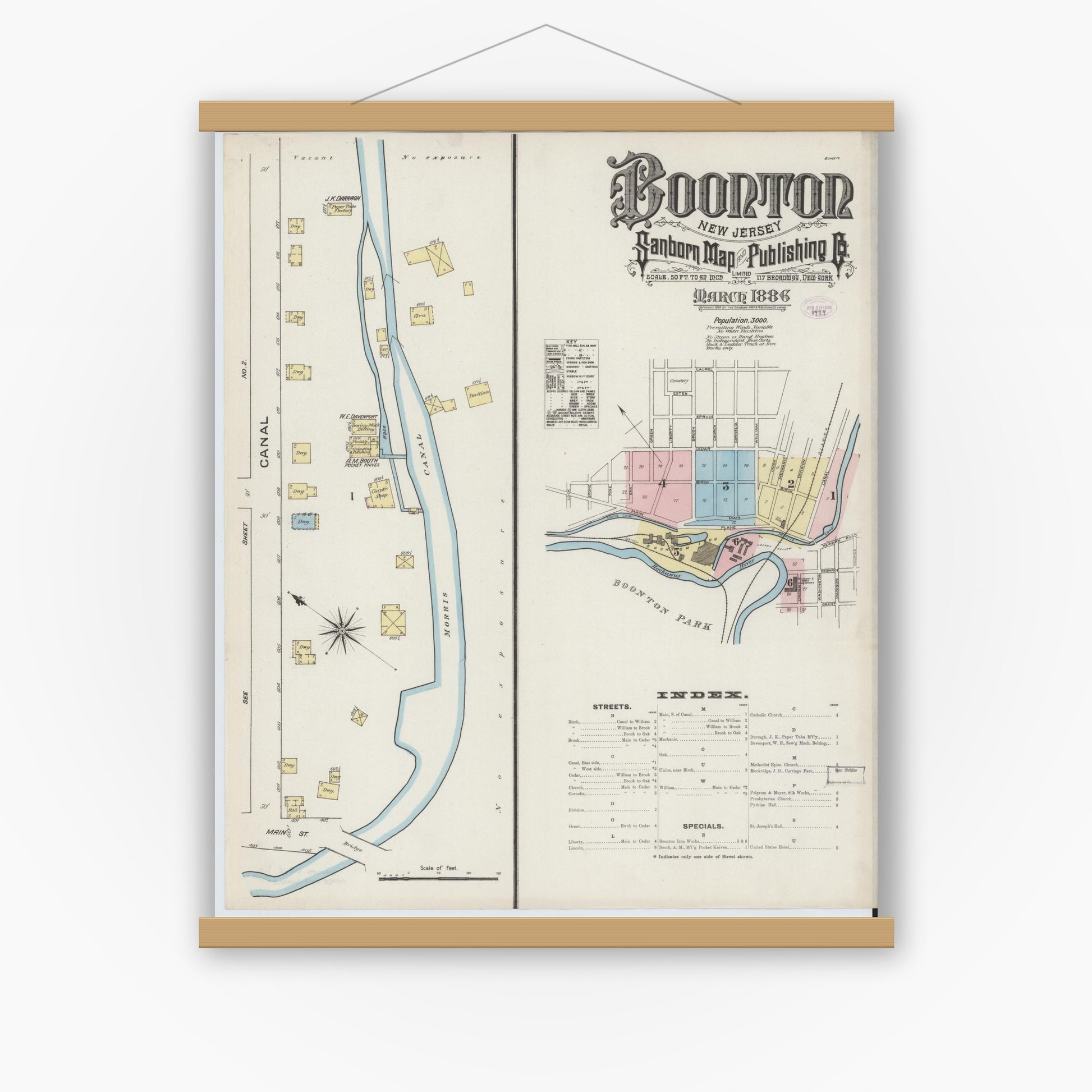 Old map wall art mockup — magnetic wood frame on white wall — Sanborn Fire Insurance Map from Boonton, Morris County, New Jersey (1886), Sheet #0001