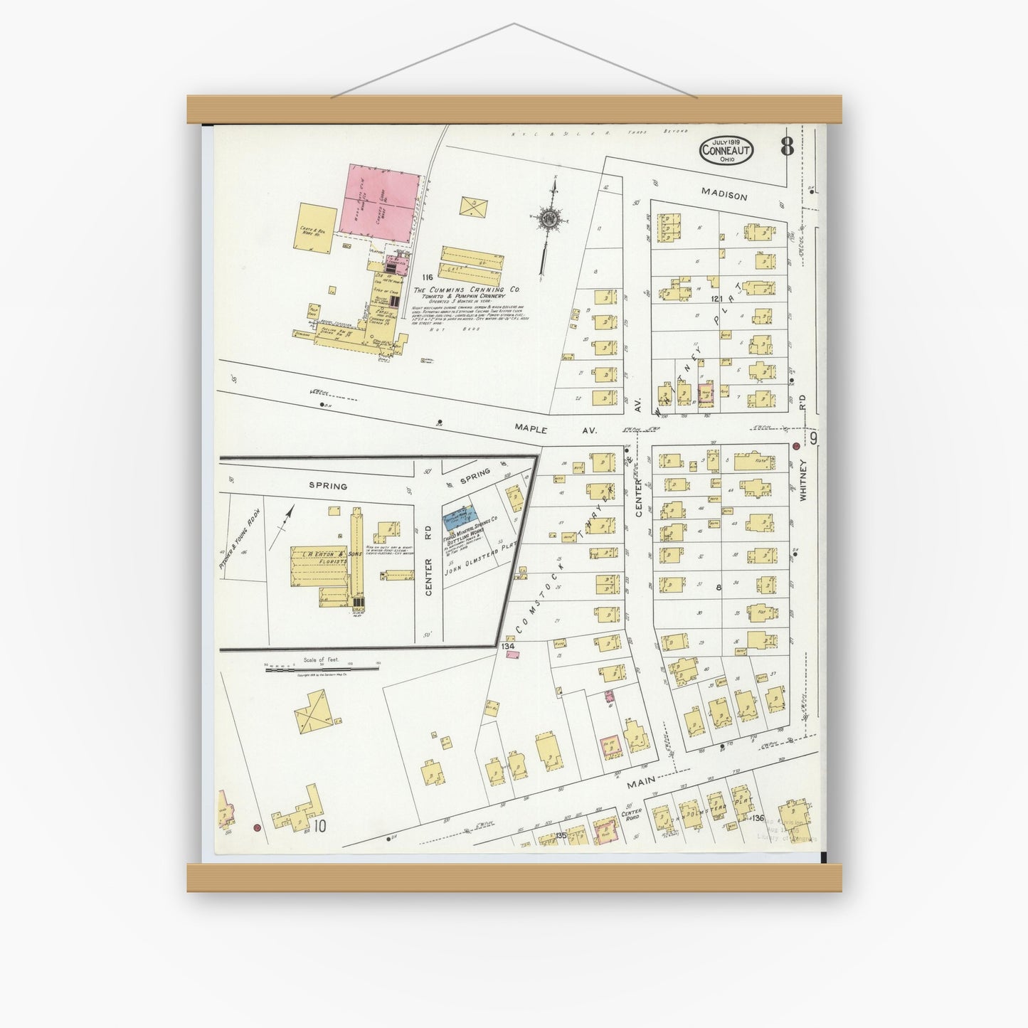 Old map wall art mockup — magnetic wood frame on white wall — Sanborn Fire Insurance Map from Conneaut, Ashtabula County, Ohio (1919), Sheet #0008