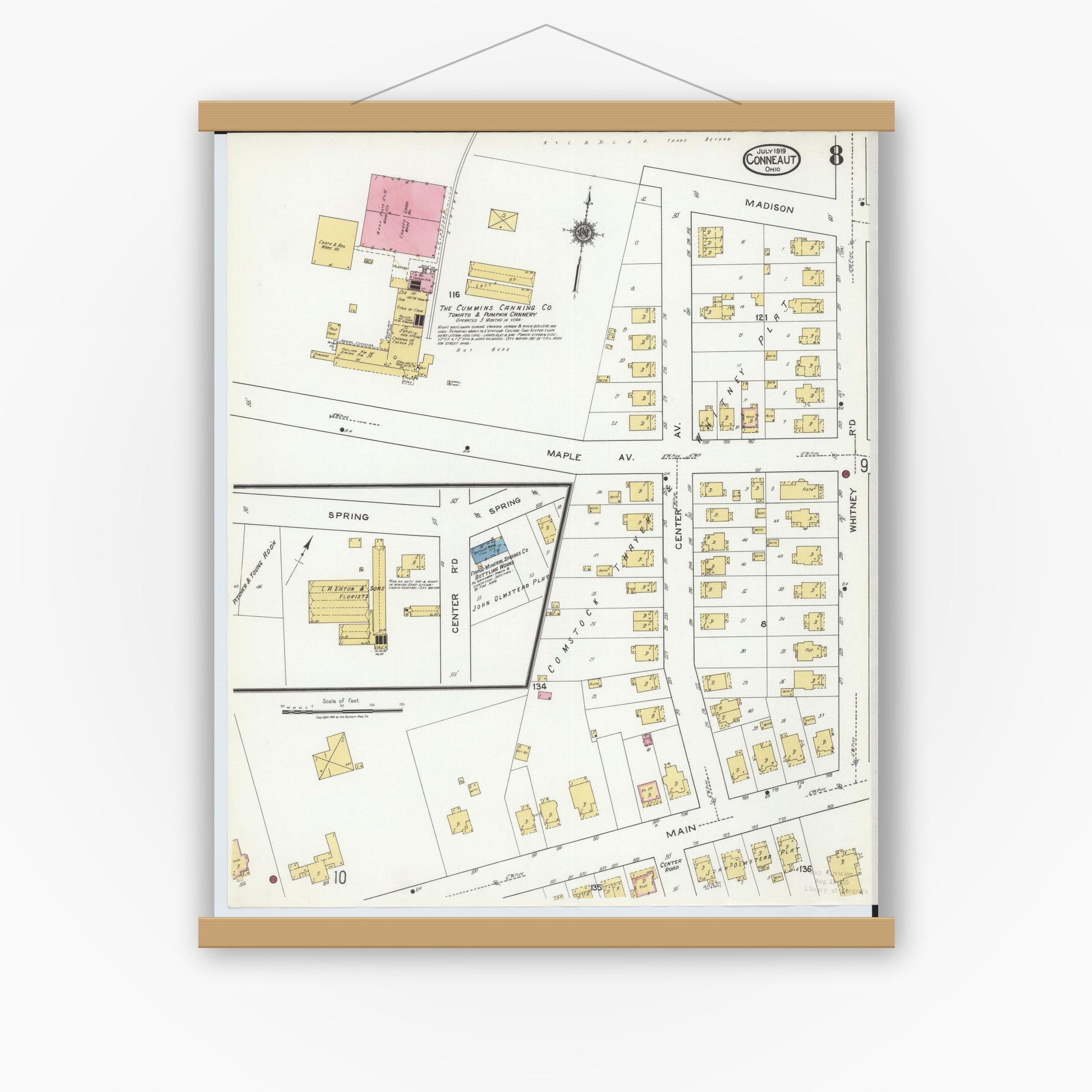 Old map wall art mockup — magnetic wood frame on white wall — Sanborn Fire Insurance Map from Conneaut, Ashtabula County, Ohio (1919), Sheet #0008