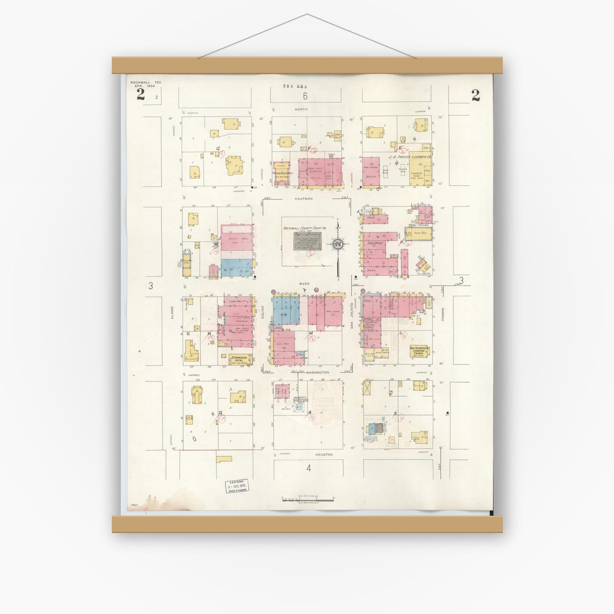 Old map wall art mockup — magnetic wood frame on white wall — Sanborn Fire Insurance Map from Rockwall, Rockwall County, Texas (1945), Sheet #0002