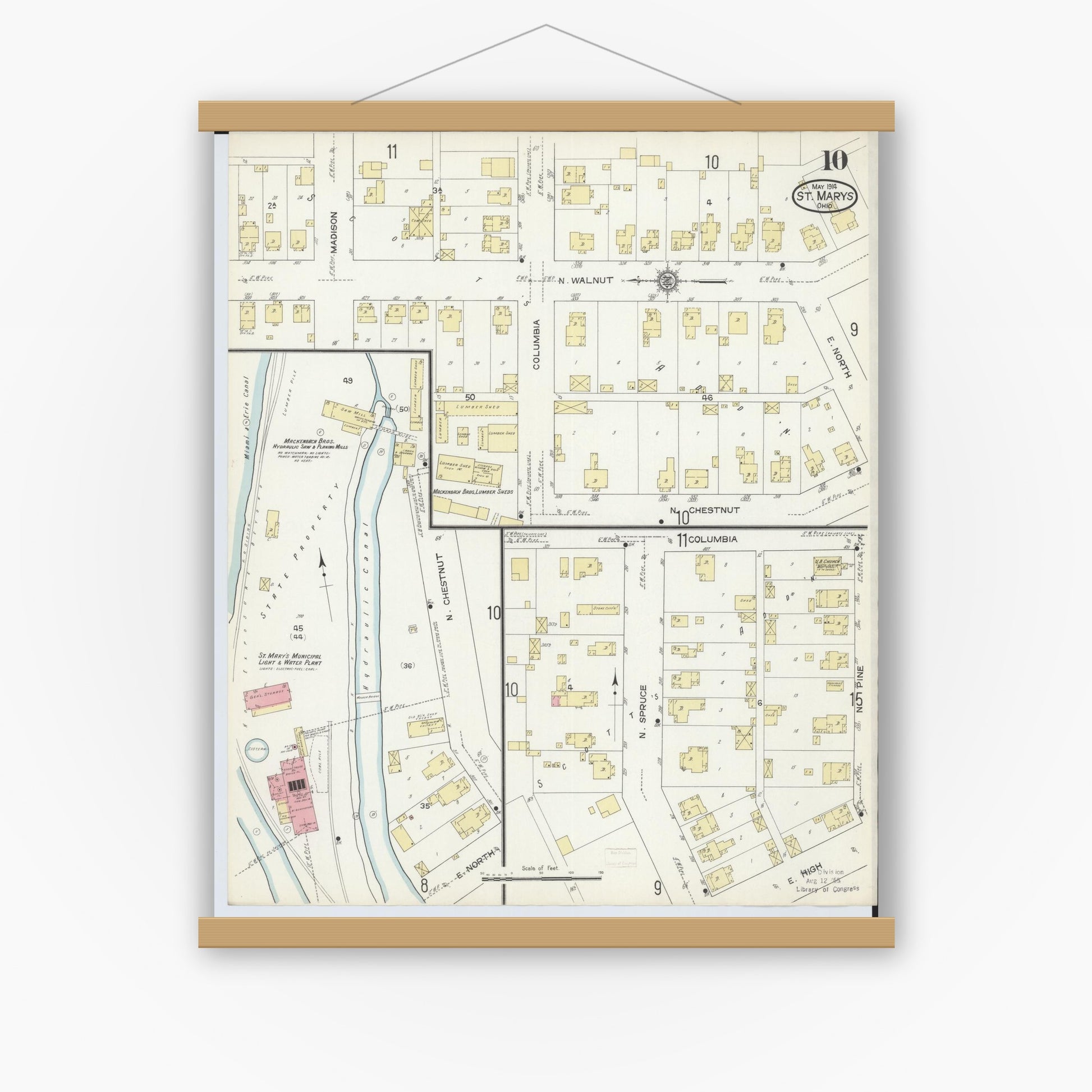 Old map wall art mockup — magnetic wood frame on white wall — Sanborn Fire Insurance Map from Saint Marys, Auglaize County, Ohio (1914), Sheet #0010