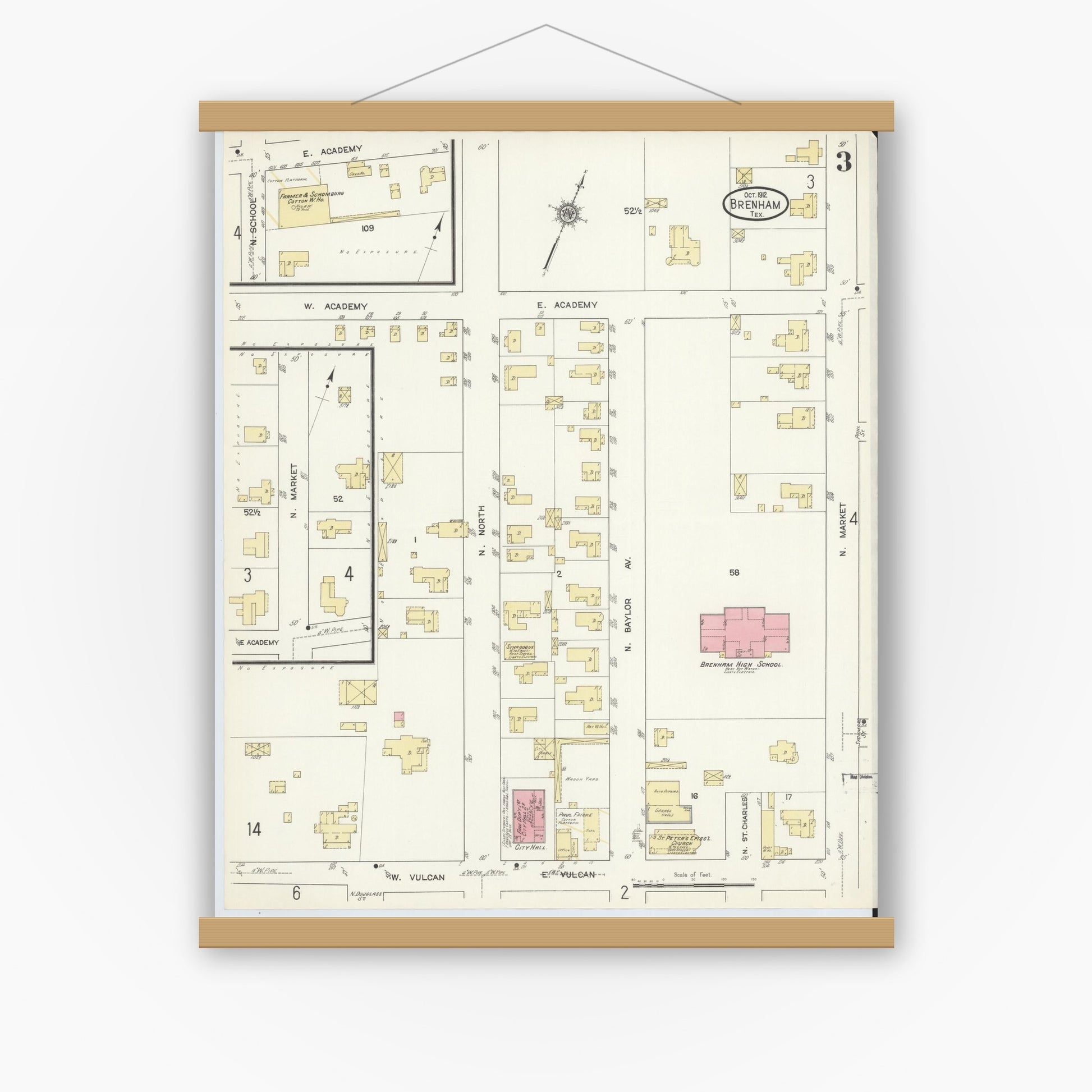 Old map wall art mockup — magnetic wood frame on white wall — Sanborn Fire Insurance Map from Brenham, Washington County, Texas (1912), Sheet #0003