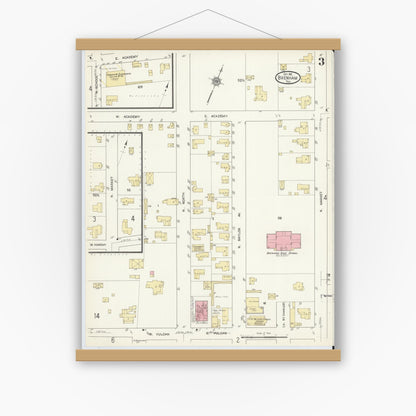 Old map wall art mockup — magnetic wood frame on white wall — Sanborn Fire Insurance Map from Brenham, Washington County, Texas (1912), Sheet #0003