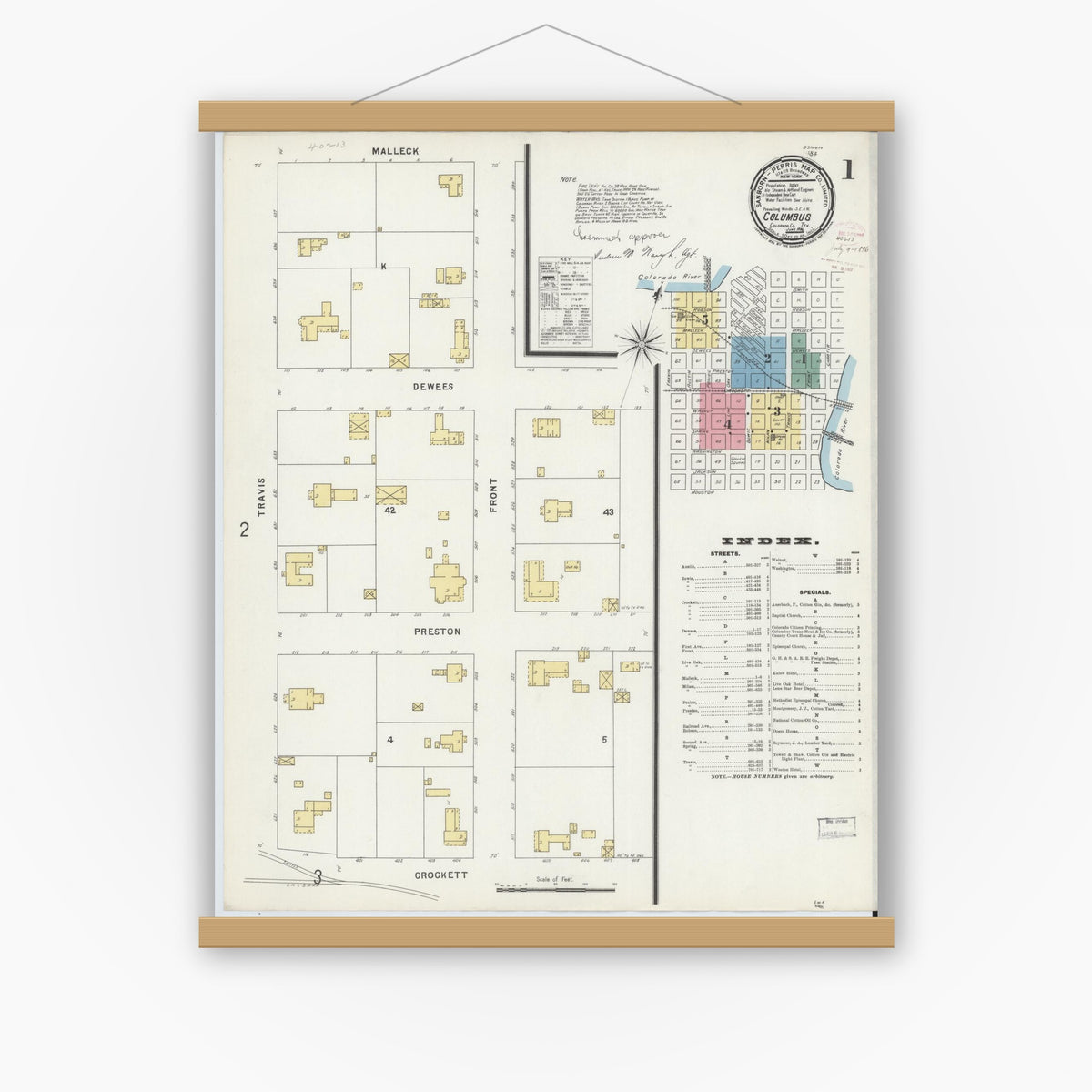 Old map wall art mockup — magnetic wood frame on white wall — Sanborn Fire Insurance Map from Columbus, Colorado County, Texas (1896) - Complete Map Set
