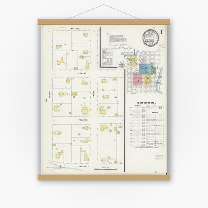 Old map wall art mockup — magnetic wood frame on white wall — Sanborn Fire Insurance Map from Columbus, Colorado County, Texas (1896) - Complete Map Set
