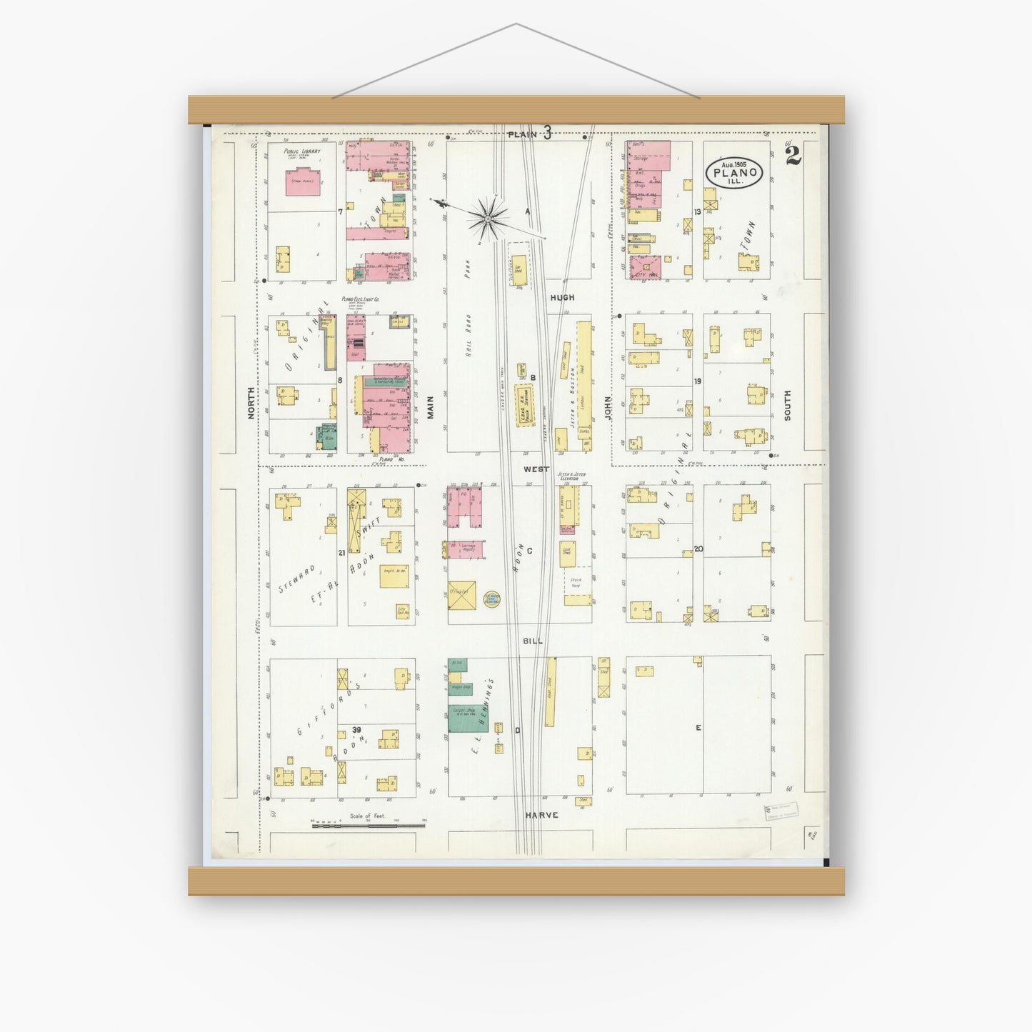 Old map wall art mockup — magnetic wood frame on white wall — Sanborn Fire Insurance Map from Plano, Kendall County, Illinois (1905), Sheet #0002