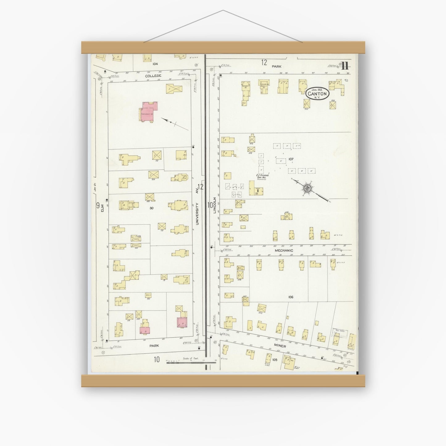 Old map wall art mockup — magnetic wood frame on white wall — Sanborn Fire Insurance Map from Canton, St. Lawrence County, New York (1913), Sheet #0011