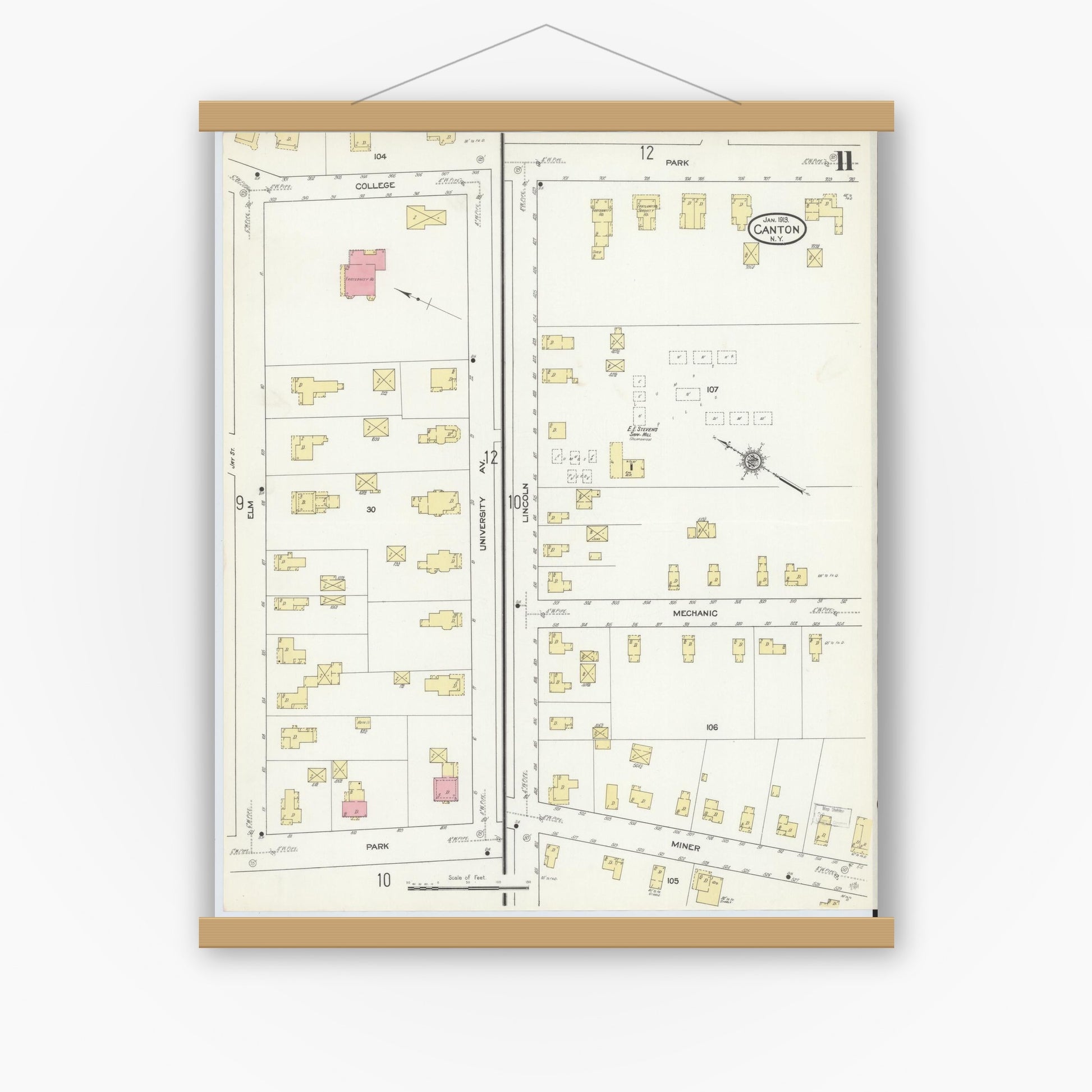 Old map wall art mockup — magnetic wood frame on white wall — Sanborn Fire Insurance Map from Canton, St. Lawrence County, New York (1913), Sheet #0011