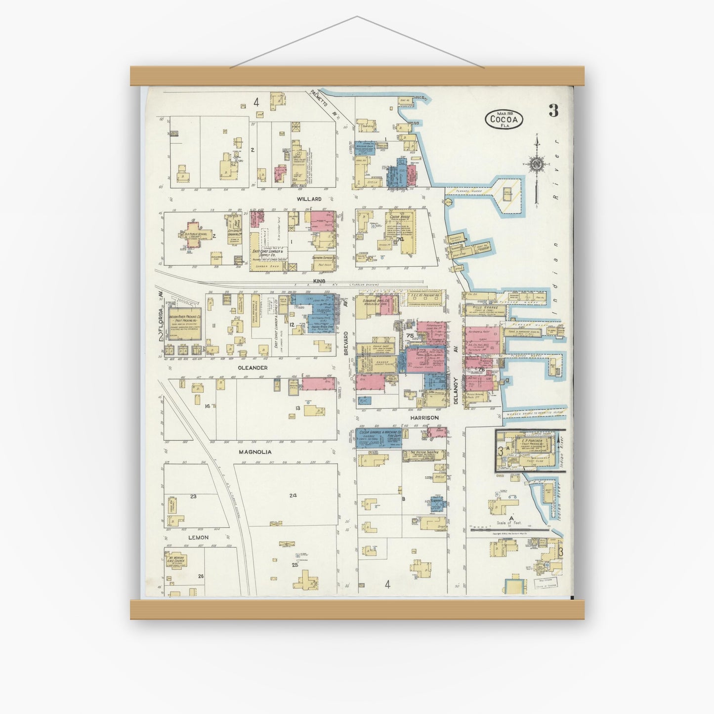 Old map wall art mockup — magnetic wood frame on white wall — Sanborn Fire Insurance Map from Cocoa, Brevard County, Florida (1919), Sheet #0003