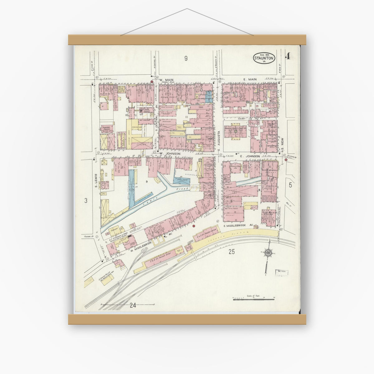 Old map wall art mockup — magnetic wood frame on white wall — Sanborn Fire Insurance Map from Staunton, Independent Cities, Virginia (1914), Sheet #0004