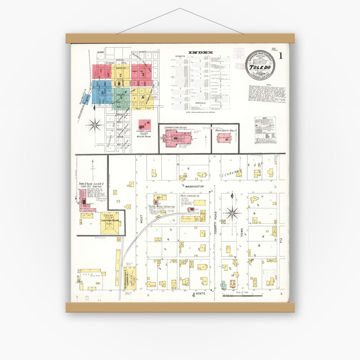 Old map wall art mockup — magnetic wood frame on white wall — Sanborn Fire Insurance Map from Toledo, Tama County, Iowa (1906), Sheet #0001