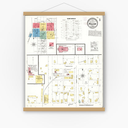 Old map wall art mockup — magnetic wood frame on white wall — Sanborn Fire Insurance Map from Toledo, Tama County, Iowa (1906), Sheet #0001