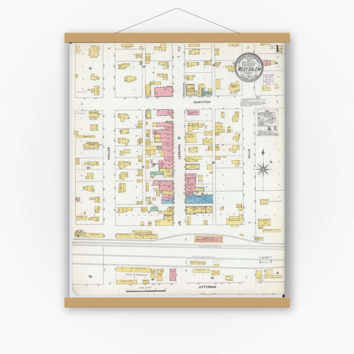 Old map wall art mockup — magnetic wood frame on white wall — Sanborn Fire Insurance Map from West Salem, La Crosse County, Wisconsin (1904), Sheet #0001
