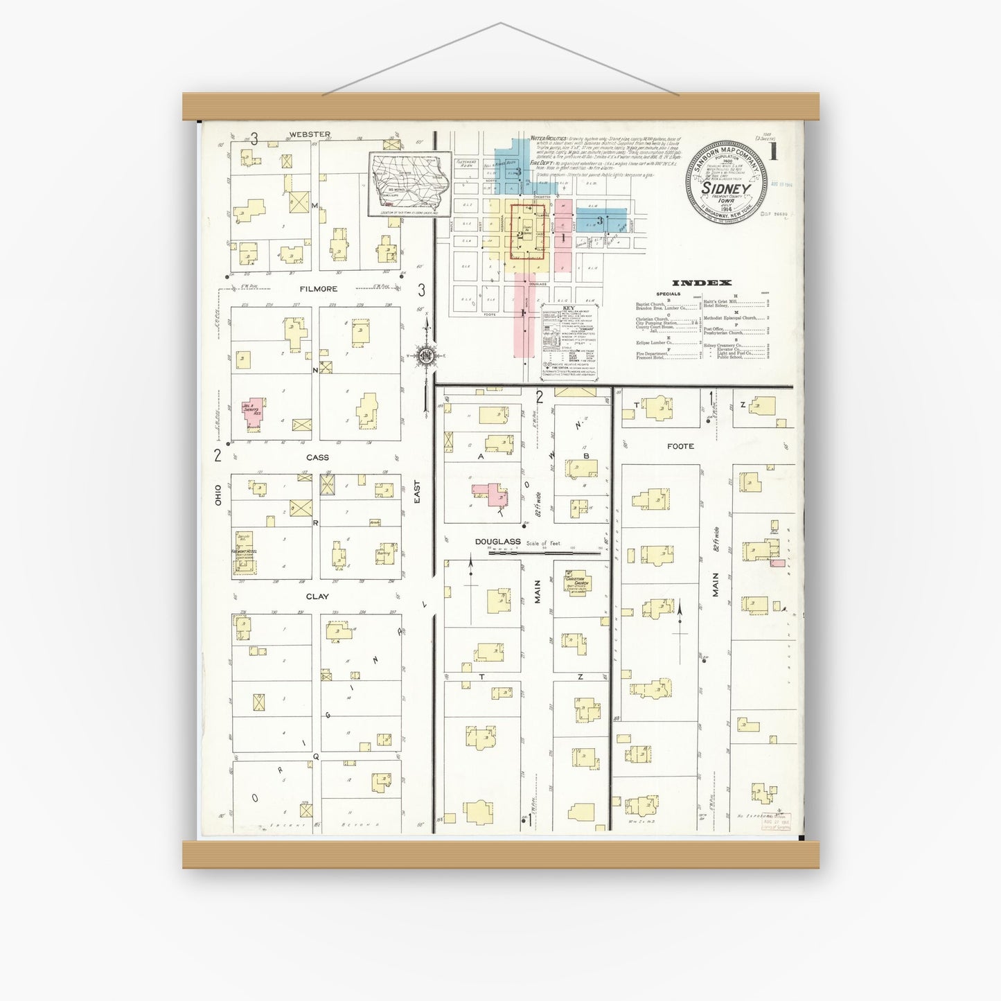 Old map wall art mockup — magnetic wood frame on white wall — Sanborn Fire Insurance Map from Sidney, Fremont County, Iowa (1914) â€” Complete Set