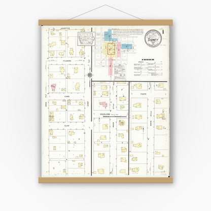 Old map wall art mockup — magnetic wood frame on white wall — Sanborn Fire Insurance Map from Sidney, Fremont County, Iowa (1914) â€” Complete Set