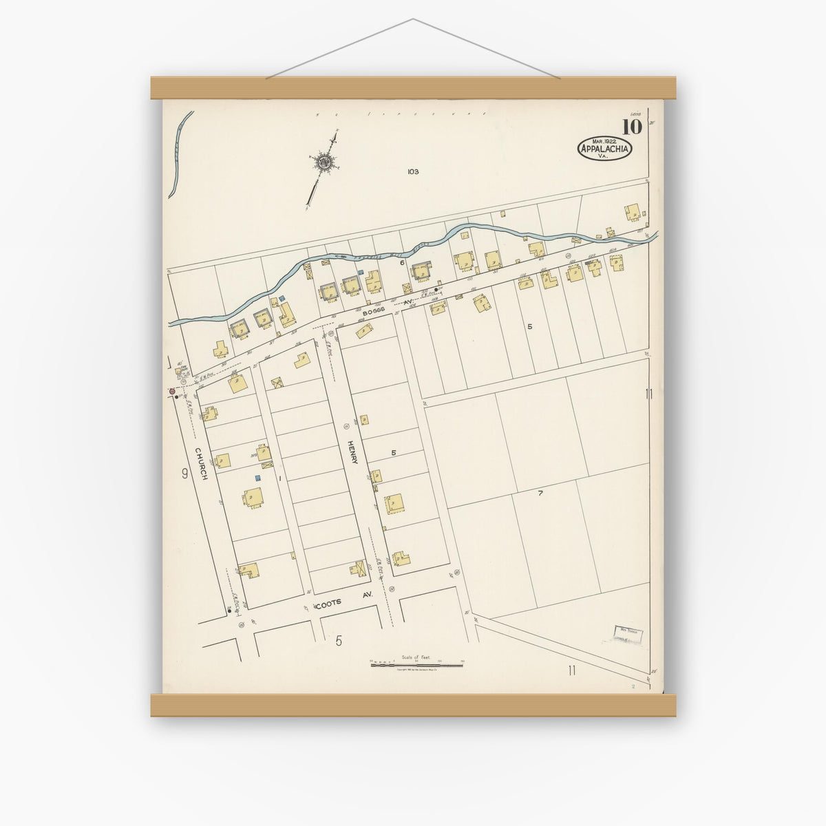 Old map wall art mockup — magnetic wood frame on white wall — Sanborn Fire Insurance Map from Appalachia, Wise County, Virginia (1922), Sheet #0010
