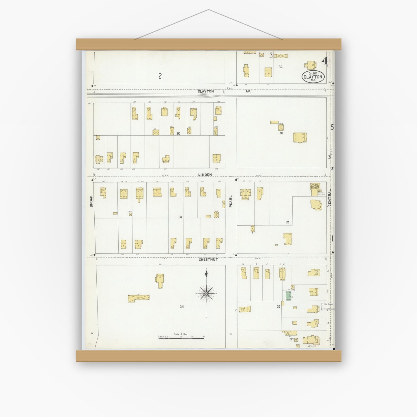 Old map wall art mockup — magnetic wood frame on white wall — Sanborn Fire Insurance Map from Clayton, Gloucester County, New Jersey (1900), Sheet #0004
