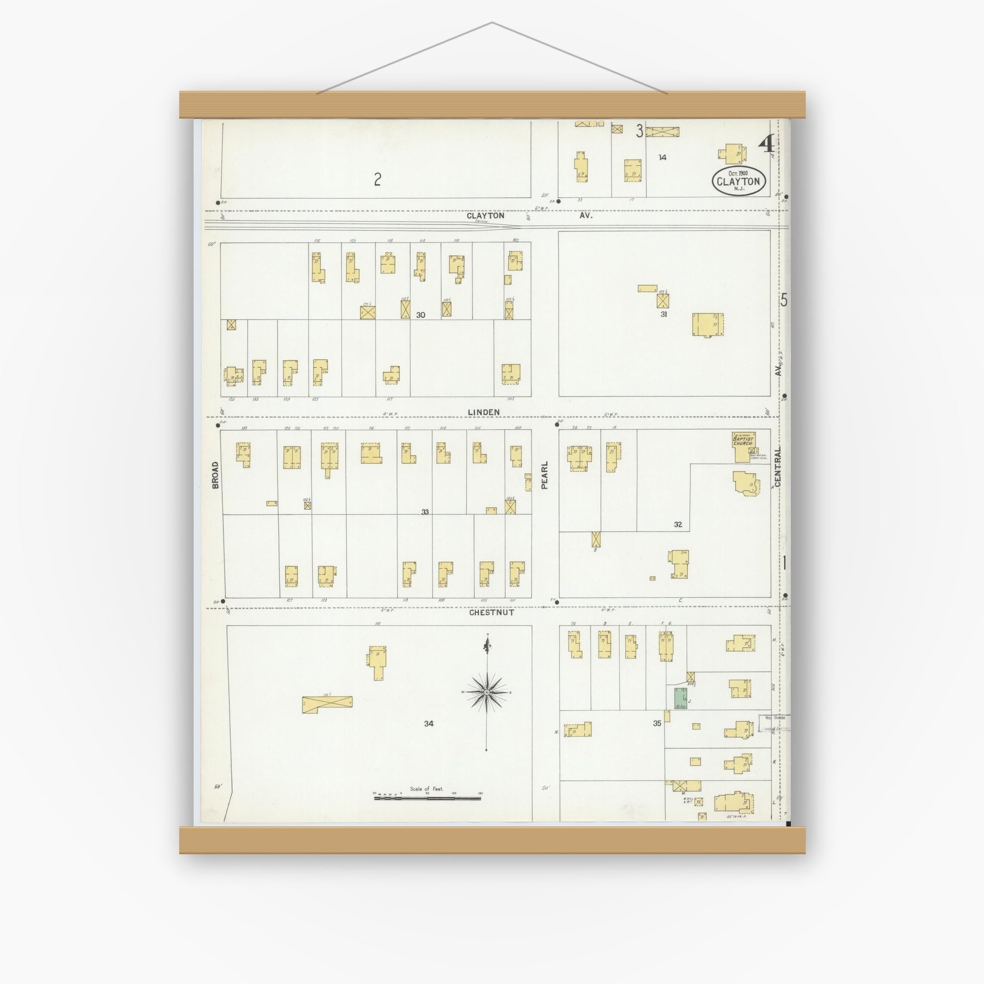 Old map wall art mockup — magnetic wood frame on white wall — Sanborn Fire Insurance Map from Clayton, Gloucester County, New Jersey (1900), Sheet #0004