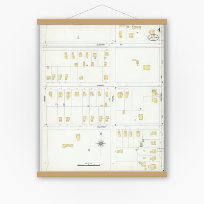 Old map wall art mockup — magnetic wood frame on white wall — Sanborn Fire Insurance Map from Clayton, Gloucester County, New Jersey (1900), Sheet #0004
