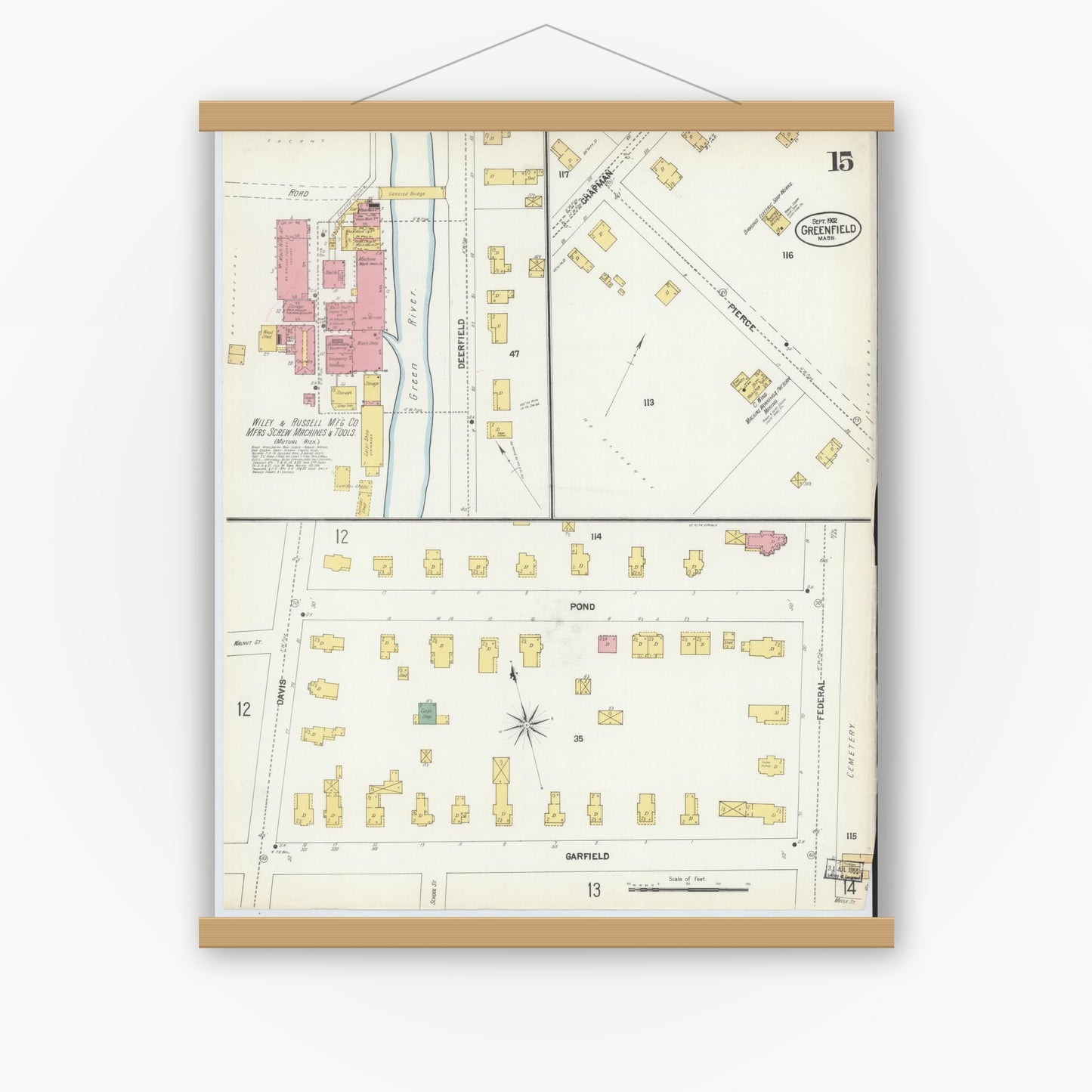 Old map wall art mockup — magnetic wood frame on white wall — Sanborn Fire Insurance Map from Greenfield, Franklin County, Massachusetts (1902), Sheet #0014