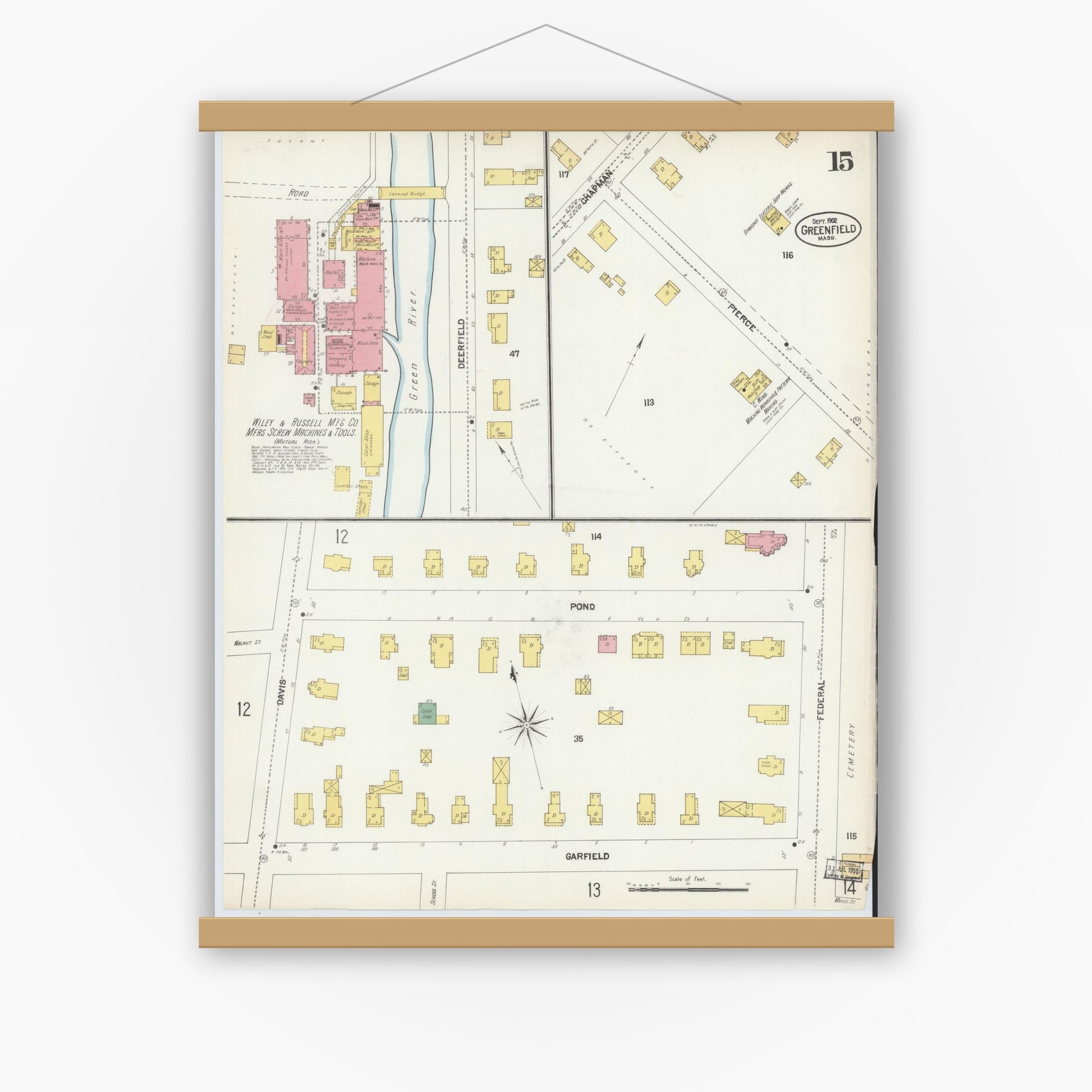 Old map wall art mockup — magnetic wood frame on white wall — Sanborn Fire Insurance Map from Greenfield, Franklin County, Massachusetts (1902), Sheet #0014
