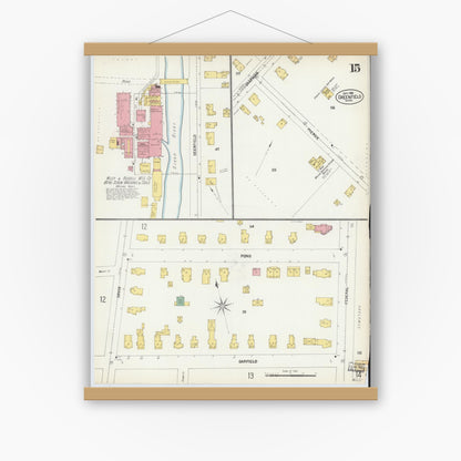 Old map wall art mockup — magnetic wood frame on white wall — Sanborn Fire Insurance Map from Greenfield, Franklin County, Massachusetts (1902), Sheet #0014