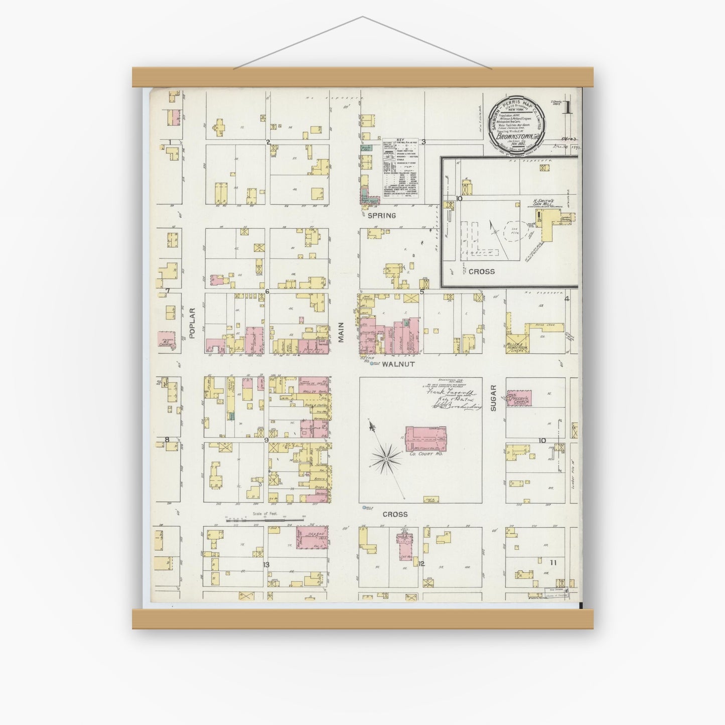 Old map wall art mockup — magnetic wood frame on white wall — Sanborn Fire Insurance Map from Brownstown, Jackson County, Indiana (1892) - Complete Map Set