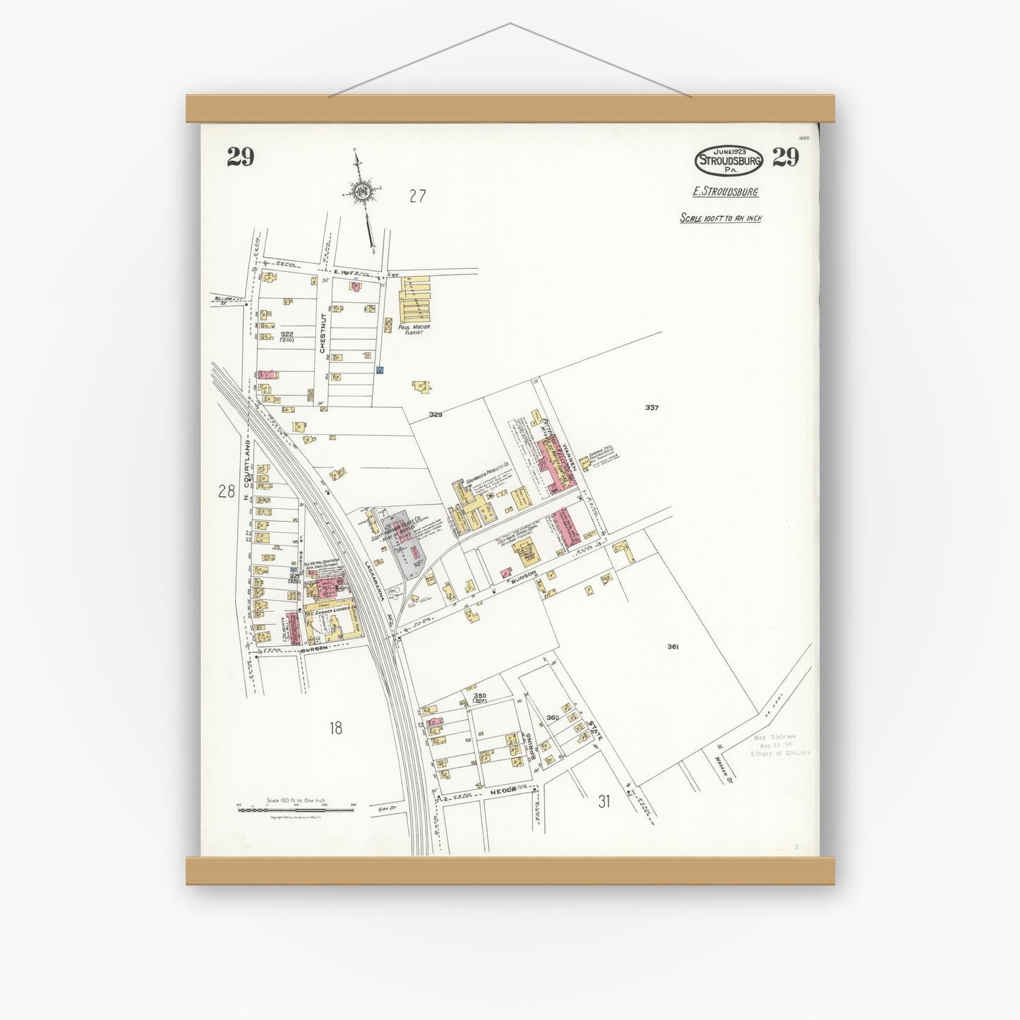 Old map wall art mockup — magnetic wood frame on white wall — Sanborn Fire Insurance Map from Stroudsburg, Monroe County, Pennsylvania (1923), Sheet #0029