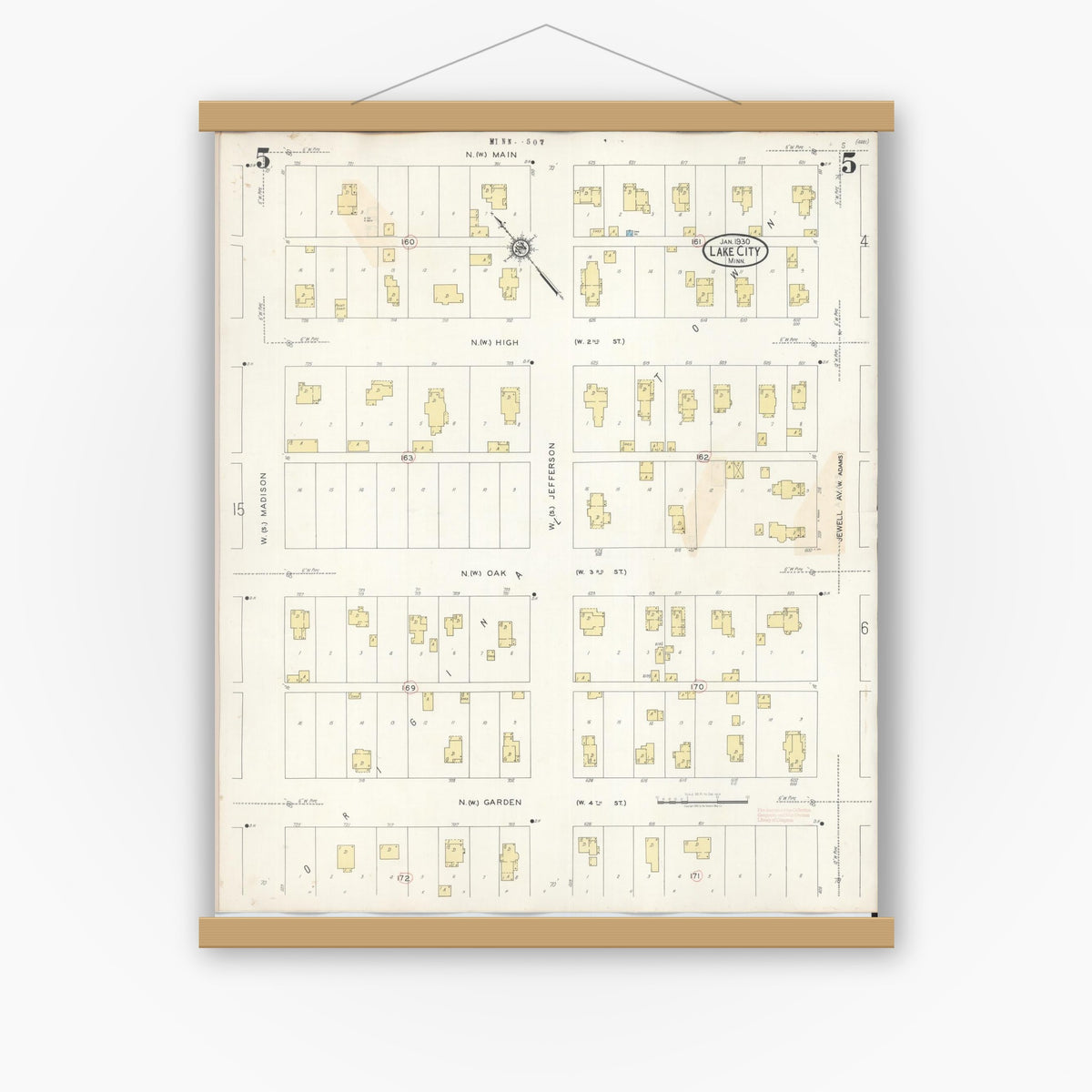 Old map wall art mockup — magnetic wood frame on white wall — Sanborn Fire Insurance Map from Lake City, Wabasha County, Minnesota (1938), Sheet #0005