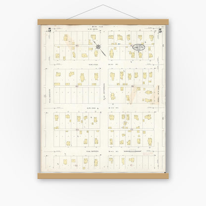 Old map wall art mockup — magnetic wood frame on white wall — Sanborn Fire Insurance Map from Lake City, Wabasha County, Minnesota (1938), Sheet #0005