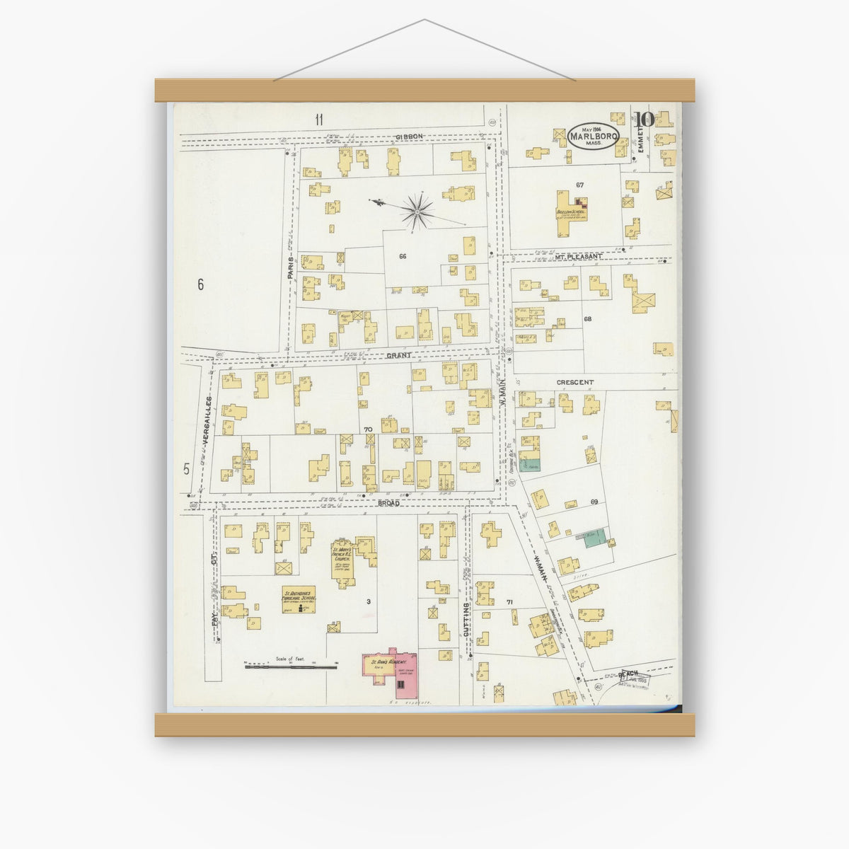 Old map wall art mockup — magnetic wood frame on white wall — Sanborn Fire Insurance Map from Marlborough, Middlesex County, Massachusetts (1906), Sheet #0010