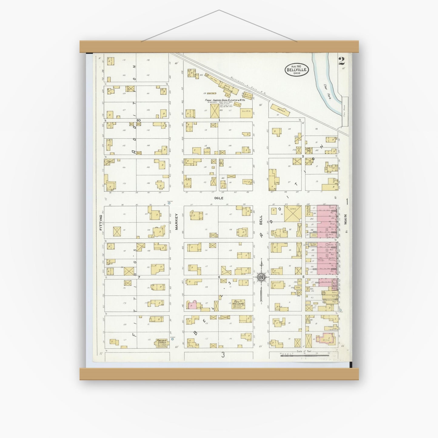 Old map wall art mockup — magnetic wood frame on white wall — Sanborn Fire Insurance Map from Bellville, Richland County, Ohio (1910), Sheet #0002