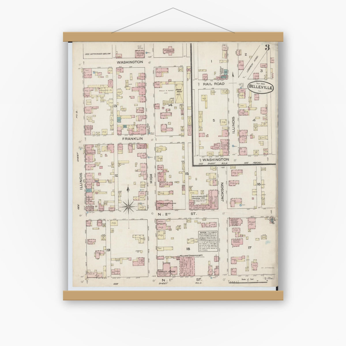 Old map wall art mockup — magnetic wood frame on white wall — Sanborn Fire Insurance Map from Belleville, Saint Clair County, Illinois (1884), Sheet #0003