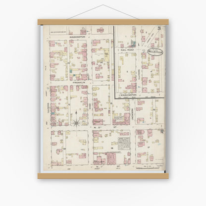 Old map wall art mockup — magnetic wood frame on white wall — Sanborn Fire Insurance Map from Belleville, Saint Clair County, Illinois (1884), Sheet #0003