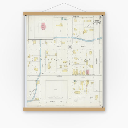 Old map wall art mockup — magnetic wood frame on white wall — Sanborn Fire Insurance Map from Tiskilwa, Bureau County, Illinois (1894), Sheet #0002