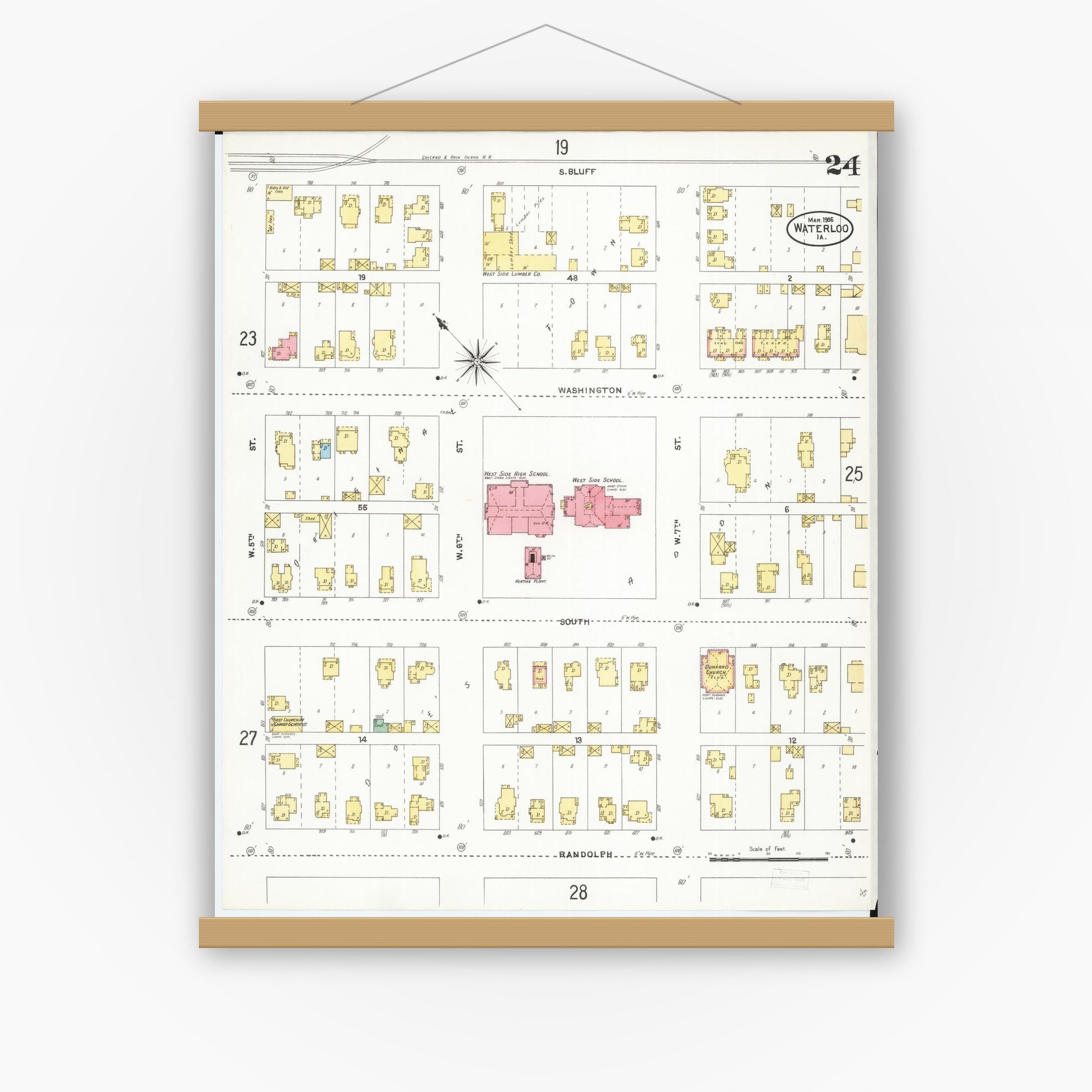 Old map wall art mockup — magnetic wood frame on white wall — Sanborn Fire Insurance Map from Waterloo, Black Hawk County, Iowa (1906), Sheet #0024