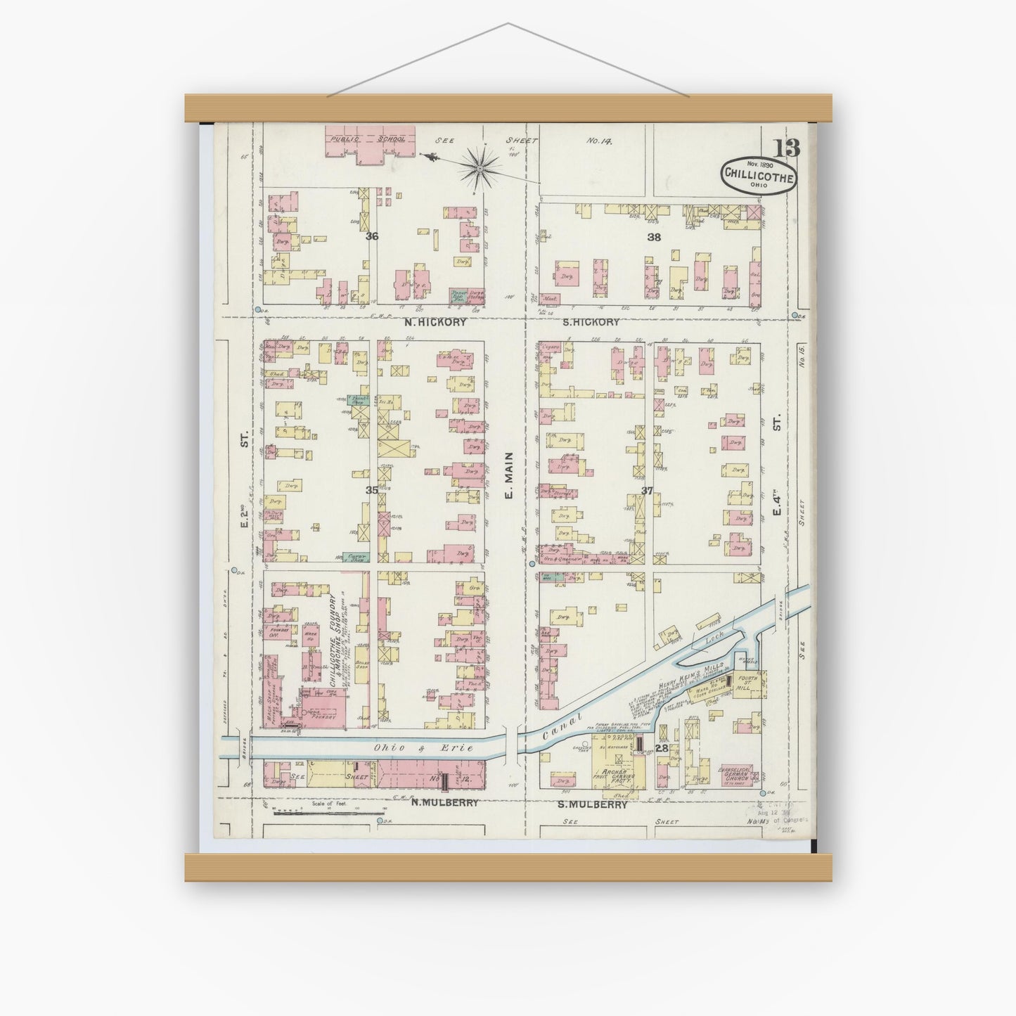 Old map wall art mockup — magnetic wood frame on white wall — Sanborn Fire Insurance Map from Chillicothe, Ross County, Ohio (1890), Sheet #0013