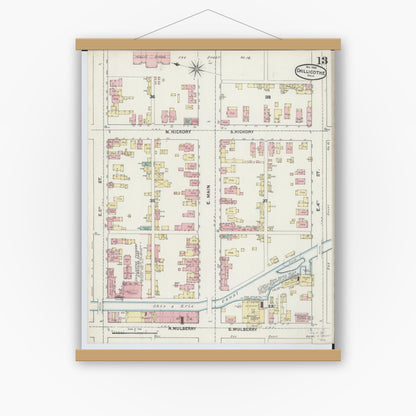 Old map wall art mockup — magnetic wood frame on white wall — Sanborn Fire Insurance Map from Chillicothe, Ross County, Ohio (1890), Sheet #0013