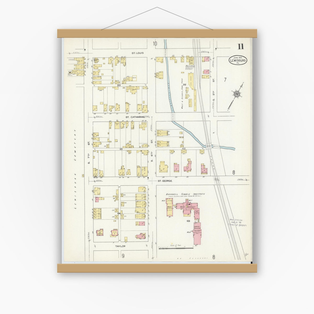 Old map wall art mockup — magnetic wood frame on white wall — Sanborn Fire Insurance Map from Lewisburg, Union County, Pennsylvania (1913), Sheet #0011