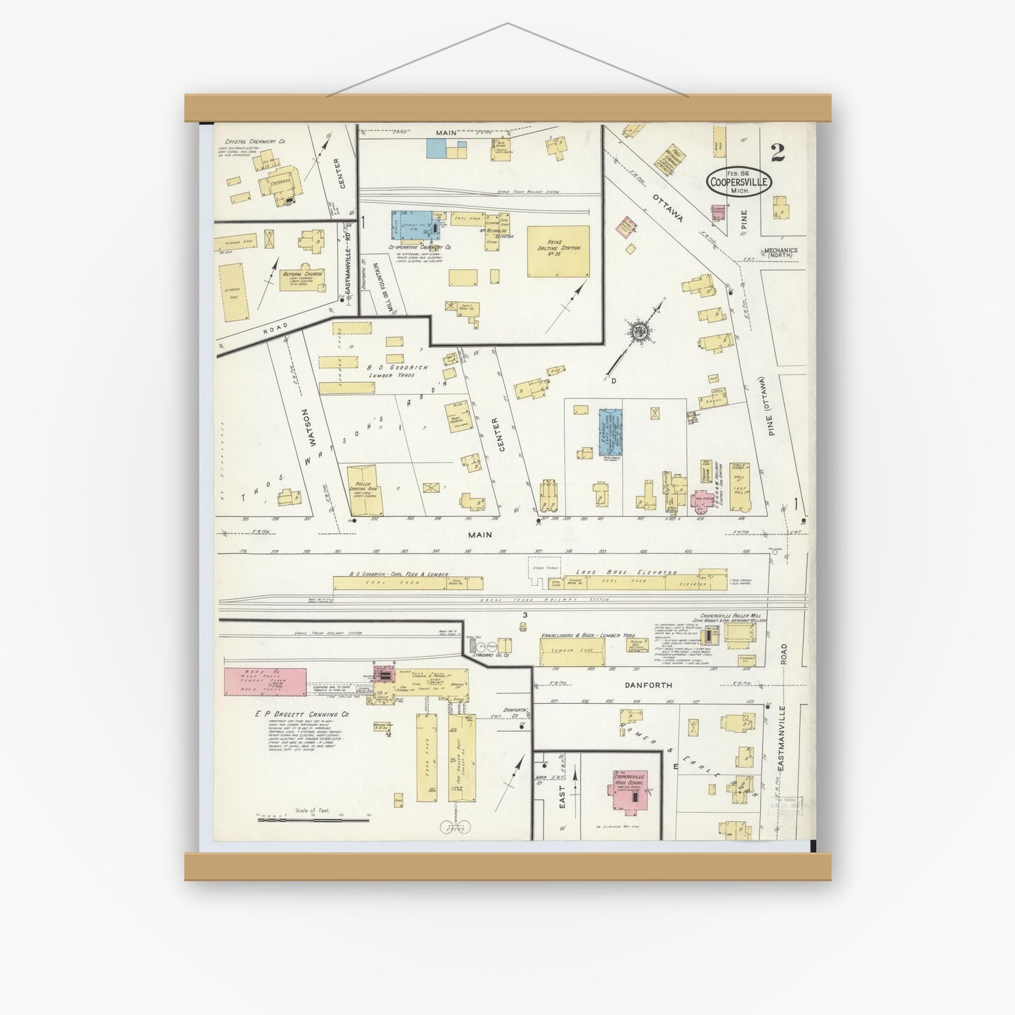 Old map wall art mockup — magnetic wood frame on white wall — Sanborn Fire Insurance Map from Coopersville, Ottawa County, Michigan (1916), Sheet #0002
