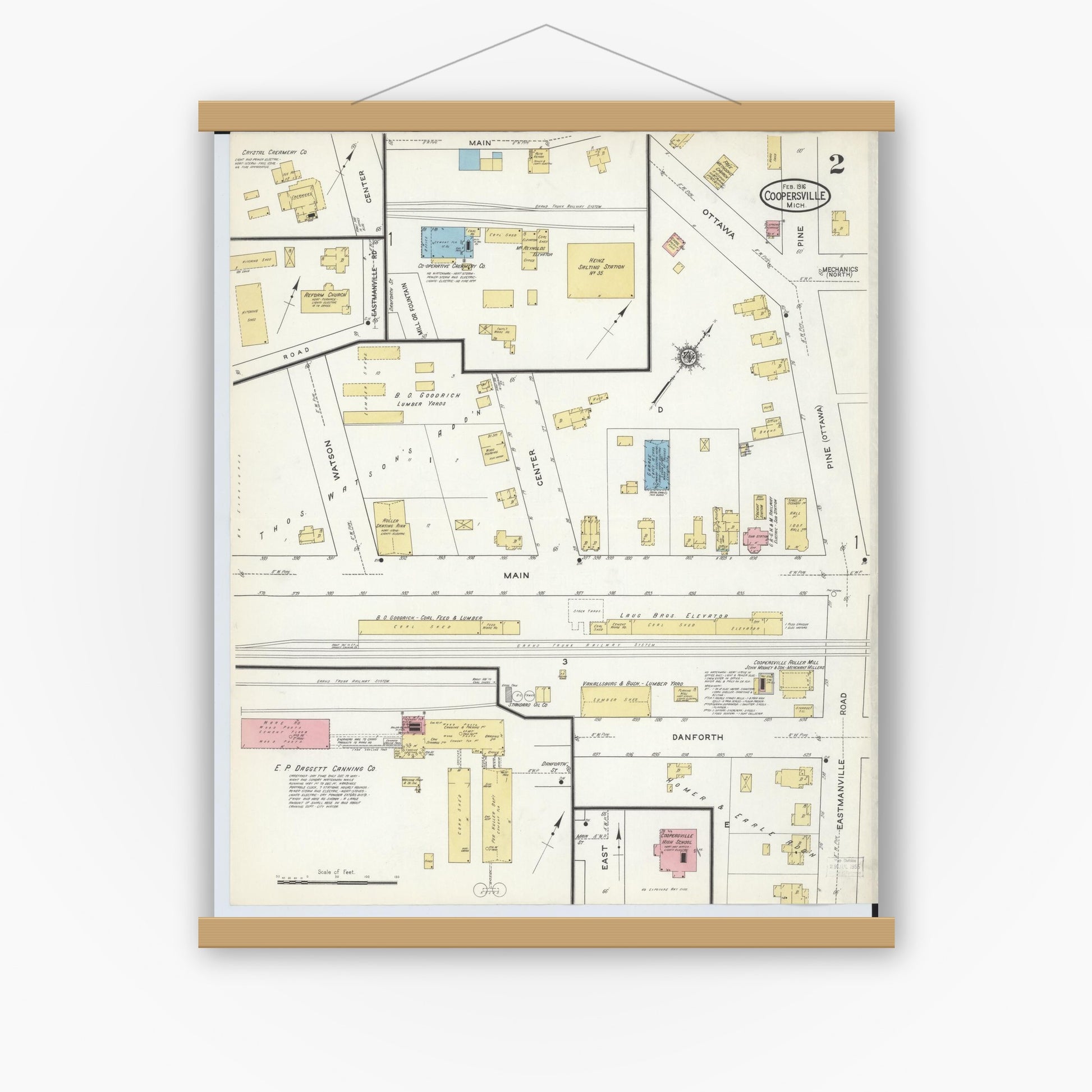 Old map wall art mockup — magnetic wood frame on white wall — Sanborn Fire Insurance Map from Coopersville, Ottawa County, Michigan (1916), Sheet #0002