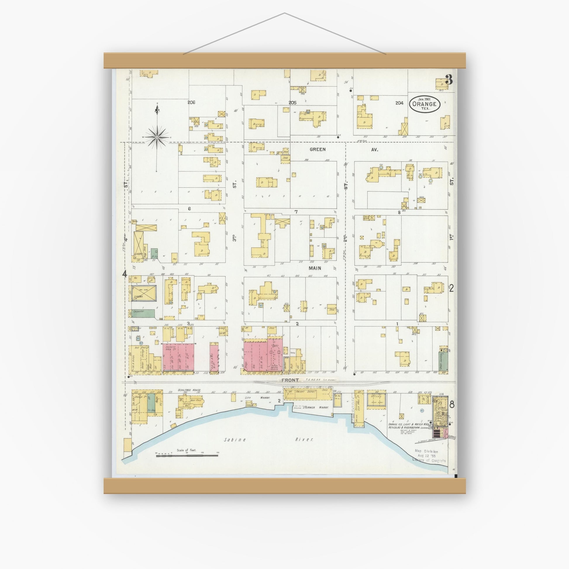 Old map wall art mockup — magnetic wood frame on white wall — Sanborn Fire Insurance Map from Orange, Orange County, Texas (1901), Sheet #0003
