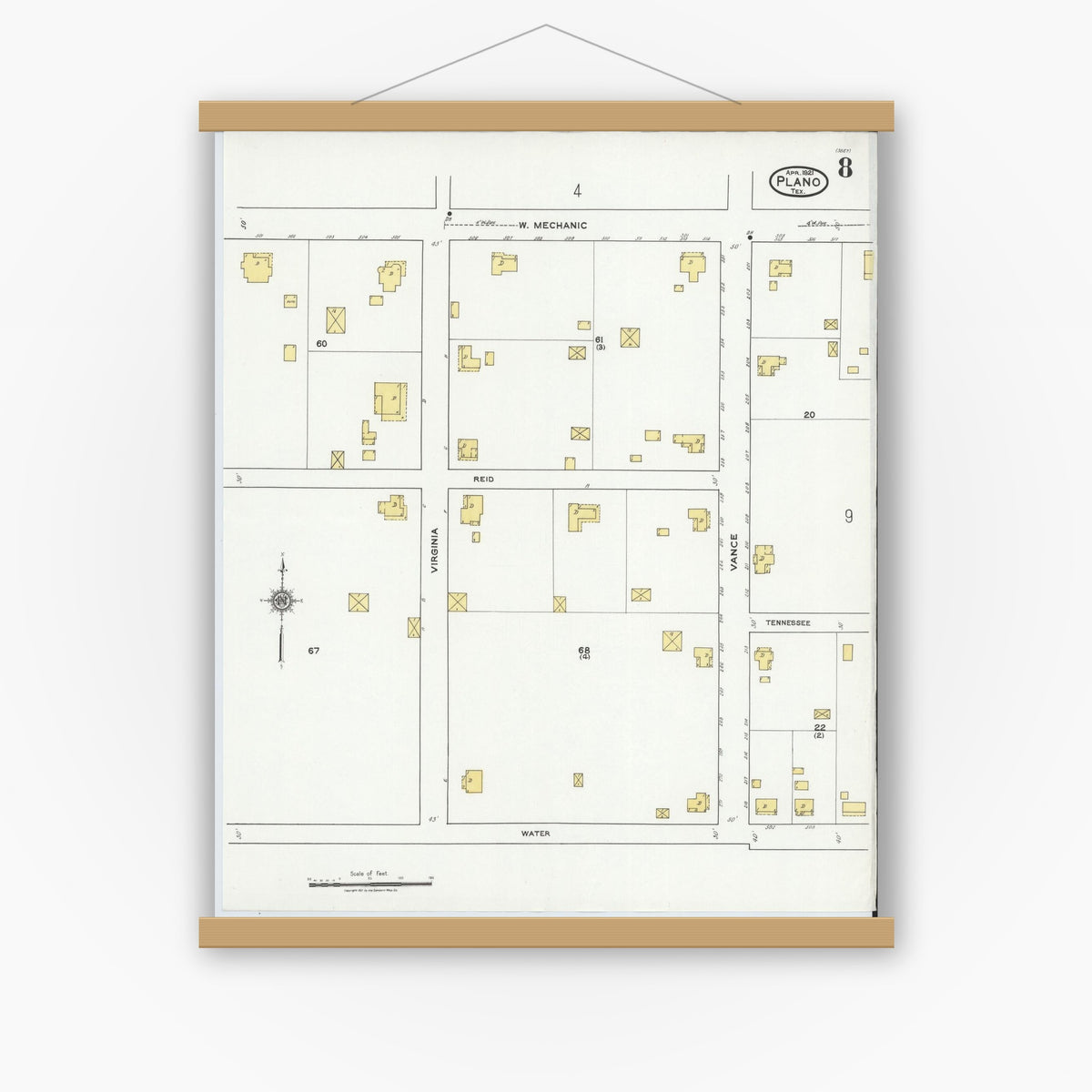 Old map wall art mockup — magnetic wood frame on white wall — Sanborn Fire Insurance Map from Plano, Collin County, Texas (1921), Sheet #0008
