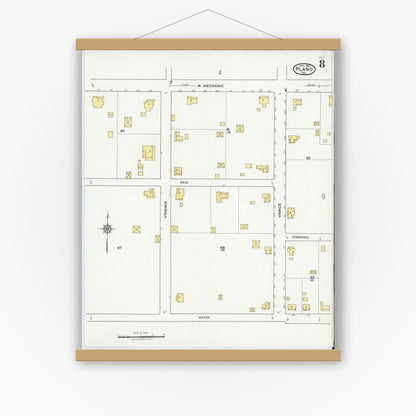 Old map wall art mockup — magnetic wood frame on white wall — Sanborn Fire Insurance Map from Plano, Collin County, Texas (1921), Sheet #0008
