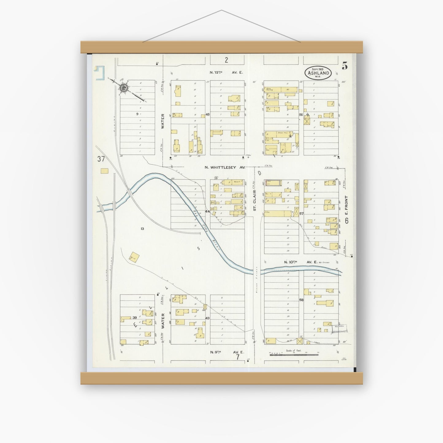 Old map wall art mockup — magnetic wood frame on white wall — Sanborn Fire Insurance Map from Ashland, Ashland County, Wisconsin (1909), Sheet #0005